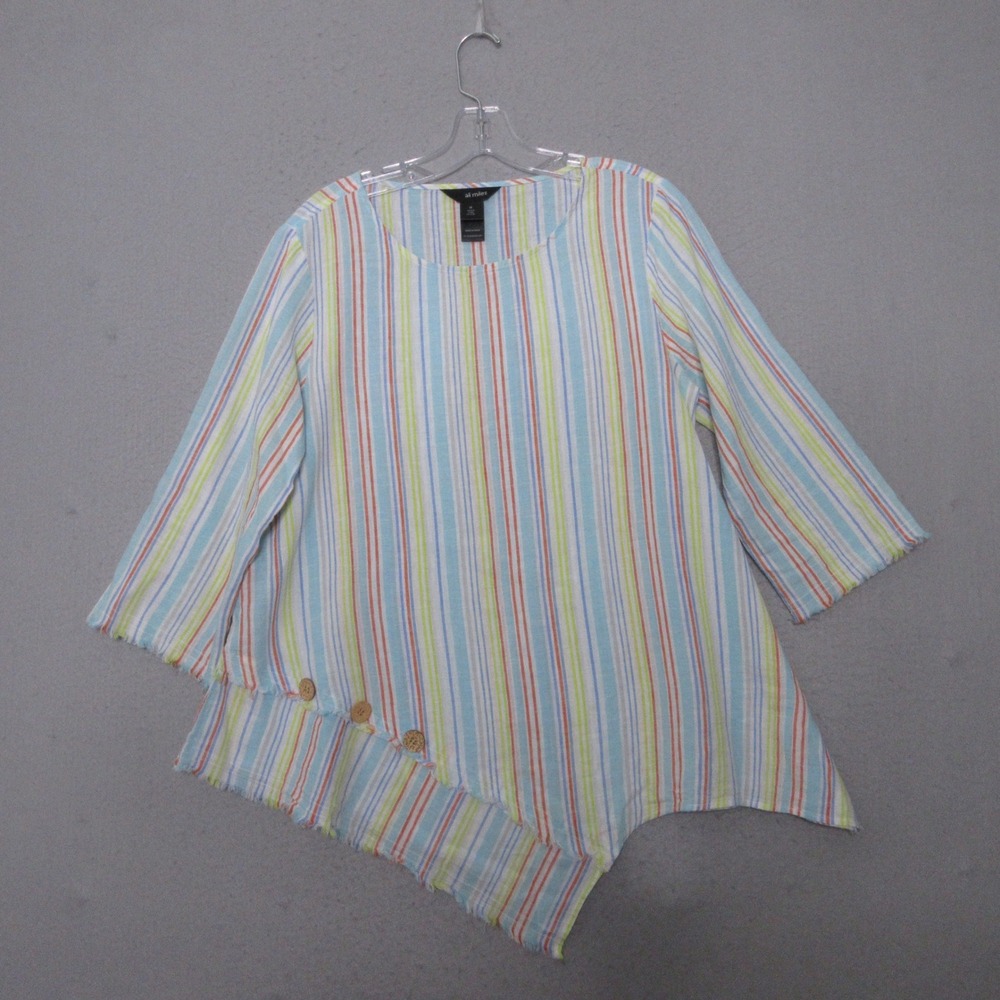 Ali Miles Tunic Top Rainbow Stripe Linen Blend Asymmetrical Fray Beach Coastal
